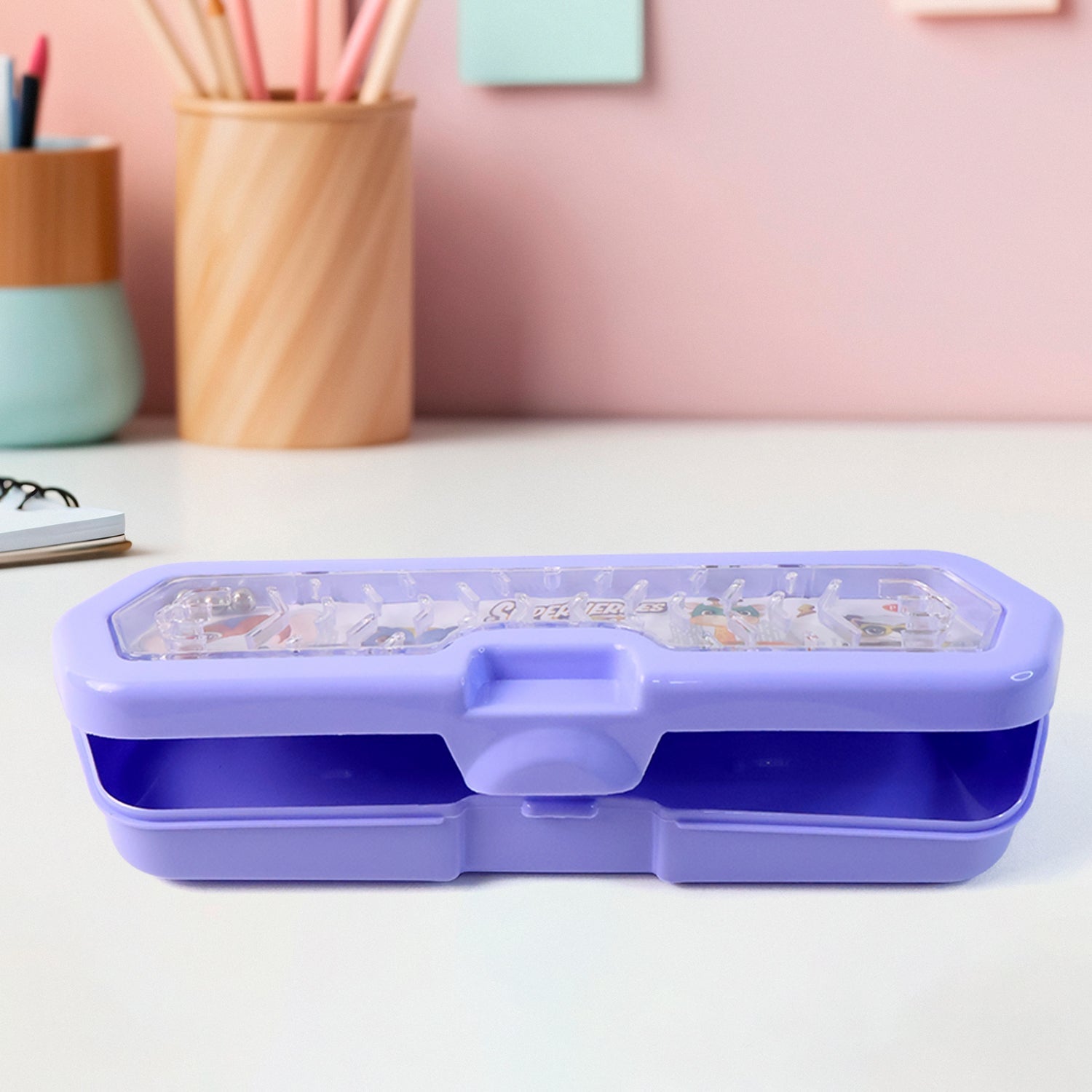Cartoon Character Printed Plastic Pencil Box with Built-in Maze Puzzle Game (1 Pc) Cartoon Character Printed Plastic Pencil Box with Built-in Maze Puzzle Game (1 Pc)